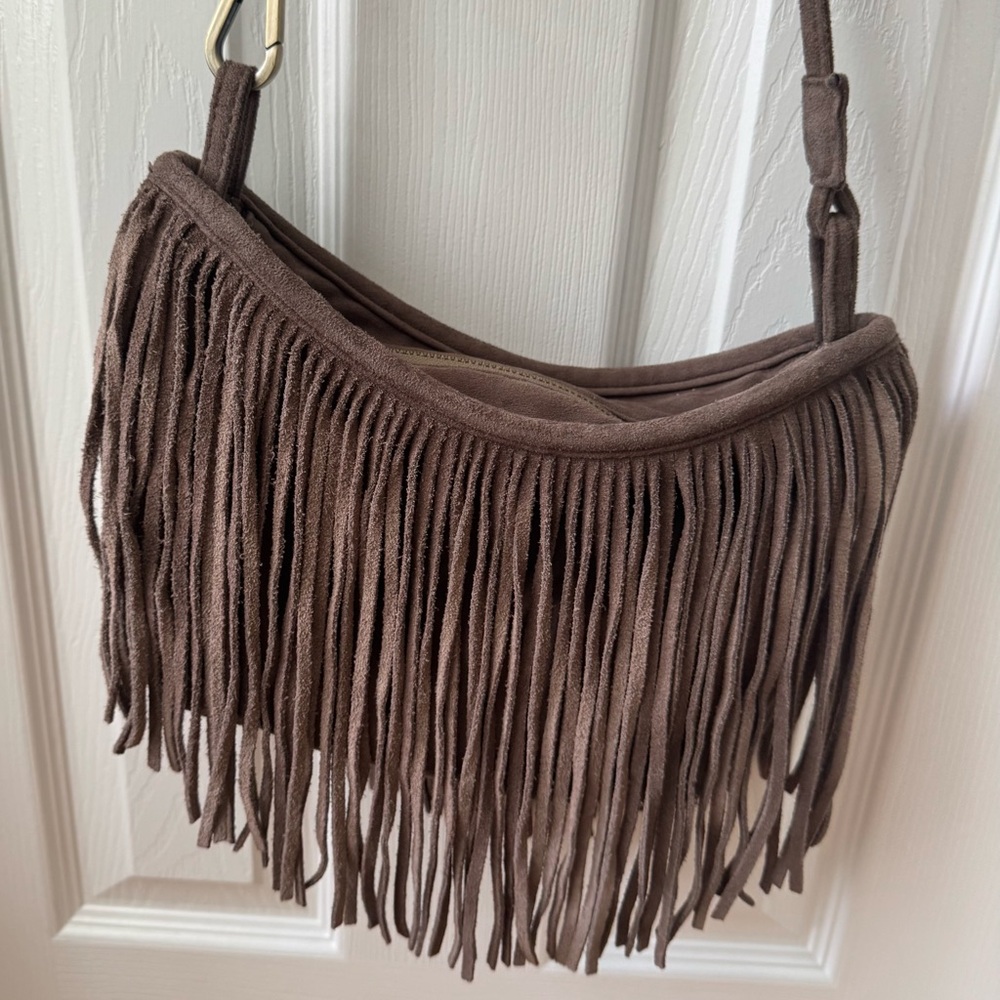 Brownish Grey Suede Crossbody Bag with Fringe- Boho Urban Outfitters